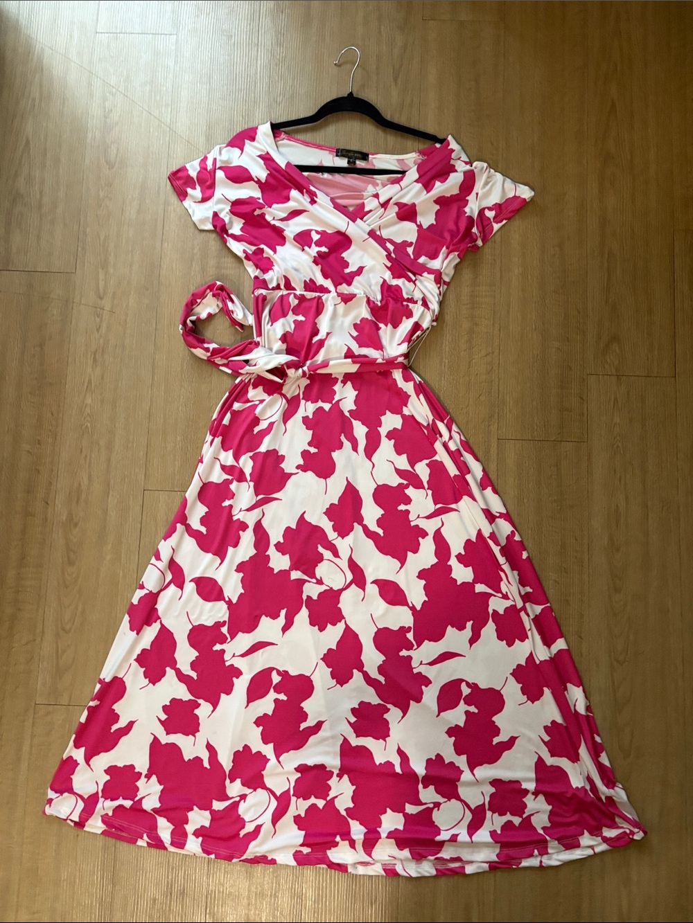 Lexington Avenue Floral Wrap Midi Dress in Pink and White with Tie Waist